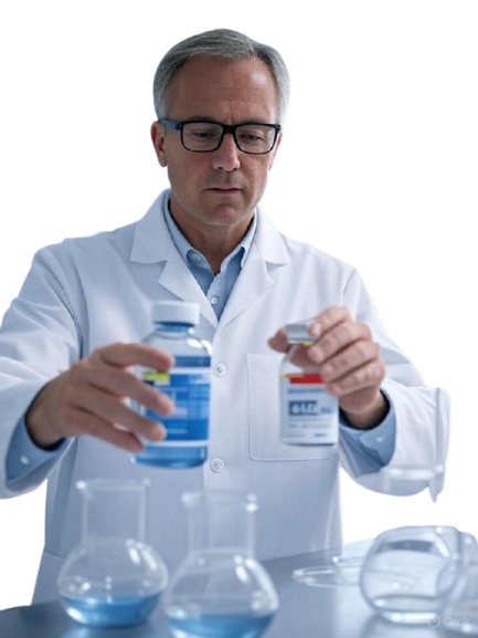 A researcher in a white lab coat examining bottles of research chemicals with an Umbrella Labs logo in the background, surrounded by lab equipment.